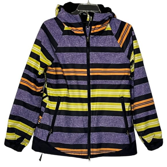 686 Manual Heather Iris Striped Insulated Hooded Zip Ski Snowboard Jacket - Picture 2 of 16